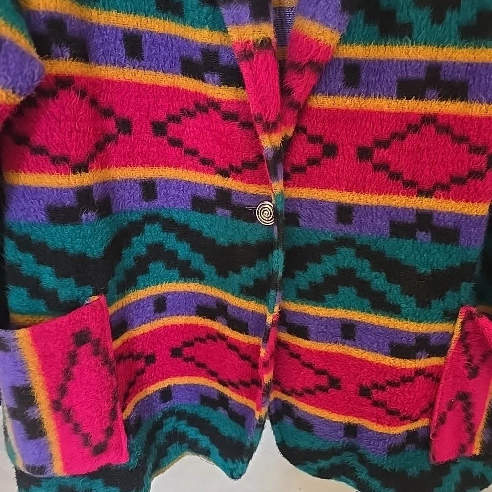Vintage 90's Loom Wear Aztec Fleece Blazer Jacket Oversized USA Pockets Colorful